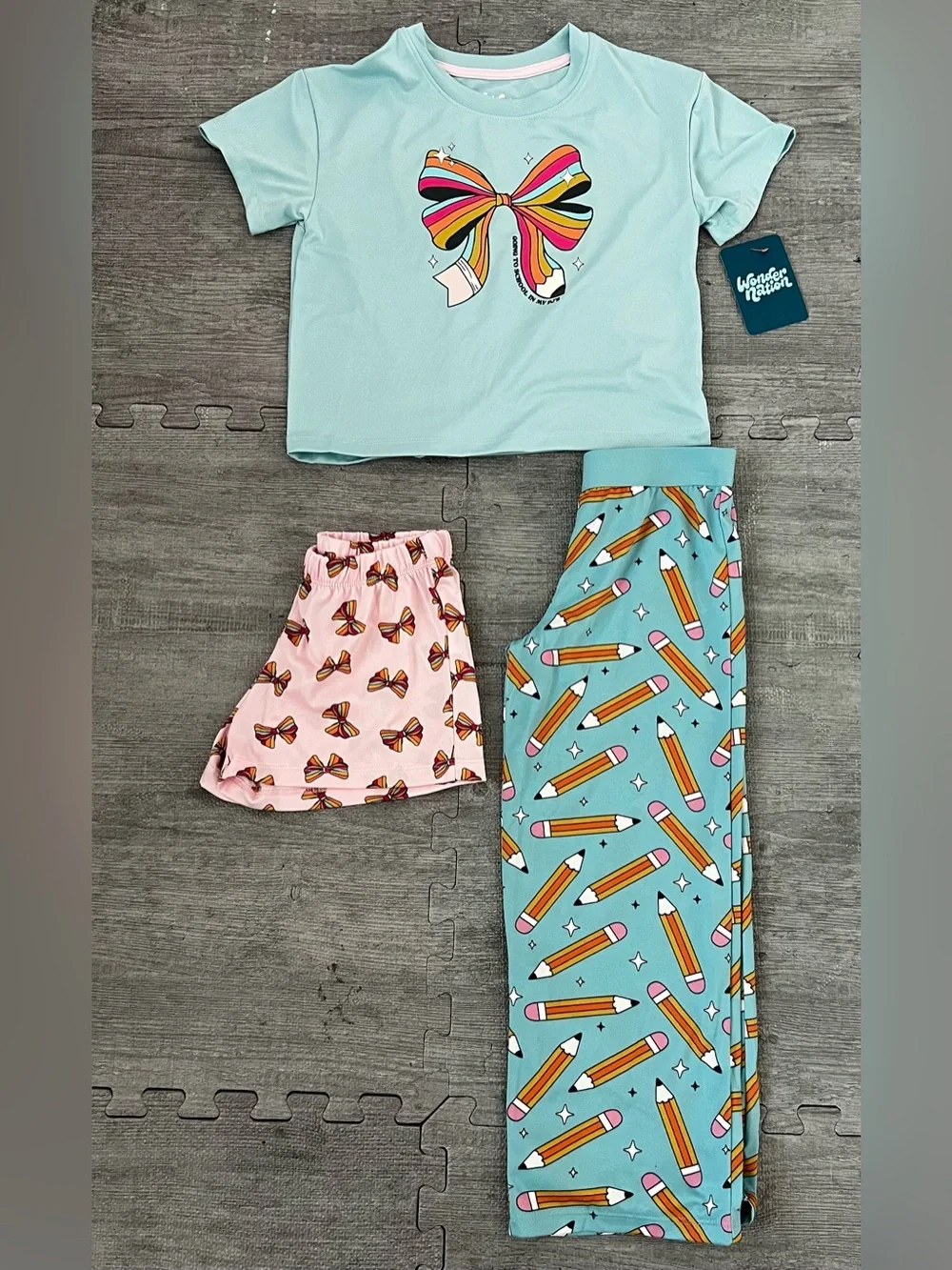 Wonder Nation Girls 3PC Knit Pajama Set Bow Short Sleeve Top Shorts Pants